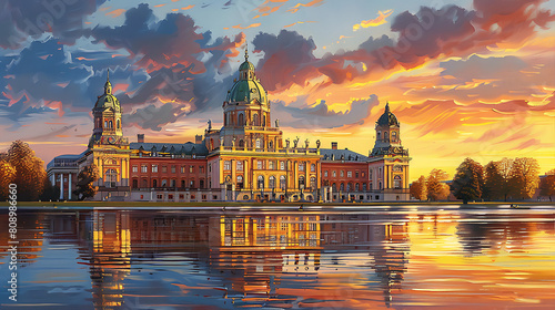 Oil painting on canvas, New Palace (Neues Palais) facade in Potsdam at sunset. Germany photo