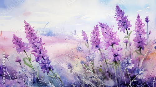 Aquarelle painting of a field of lavender. The colors are soft and muted. The lavender is in the foreground  with a distant horizon. The painting has a dreamy  romantic feel to it.