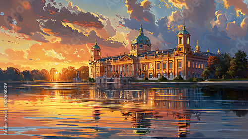 Oil painting on canvas, New Palace (Neues Palais) facade in Potsdam at sunset. Germany