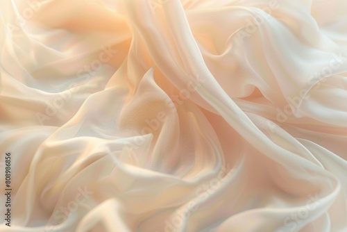 Closeup of soft pastel colored fabric, focusing on the folds and texture, with a dreamy and romantic atmosphere. The background is a gradient from light beige to white
