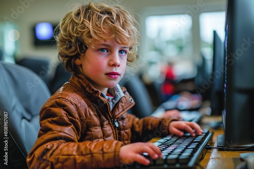 Child learning to code on a computer. Little boy in front of computer monitor. The magic of coding, unlocking new possibilities for a young mind.