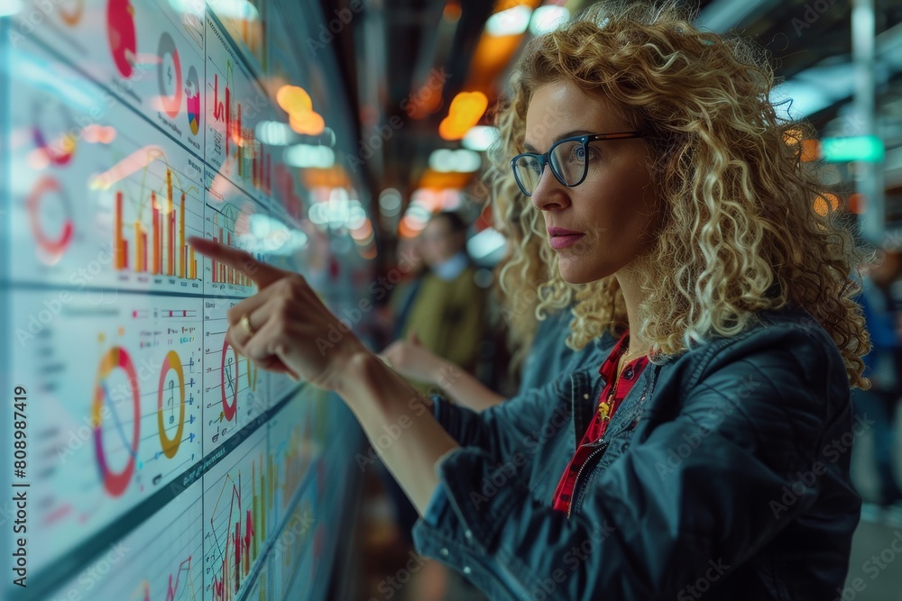 An image of a woman with curly hair avidly working on a digital interactive wall full of colorful charts and data points An image of a woman with curly hair avidly working on a digital interactive wall full of colorful charts and data points