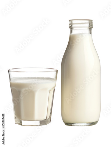 Glass and Bottle of fresh milk, PNG file of isolated cut-out object on transparent background, isolated on white background
