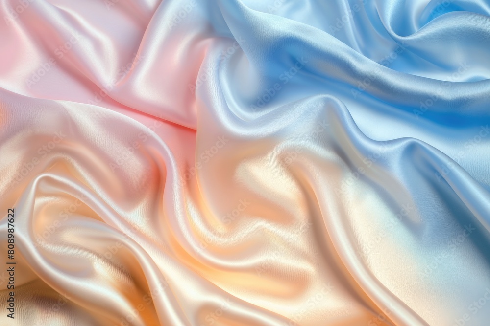Colorful pastel soft pink, blue and cream silk satin fabric background with folds of liquid gold, dramatic lighting, high resolution photography in the style of liquid gold Colorful pastel soft pink, blue and cream silk satin fabric background with folds of liquid gold, dramatic lighting, high resolution photography in the style of liquid gold