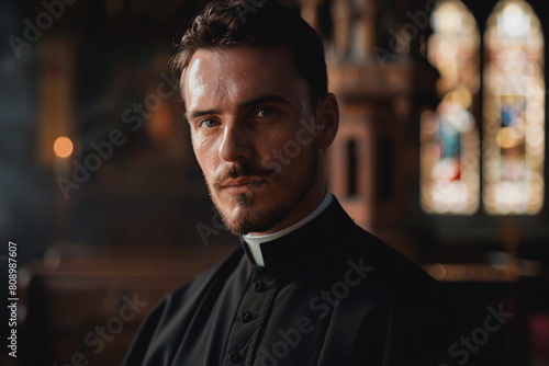 Man catholic priest in black clothes in church