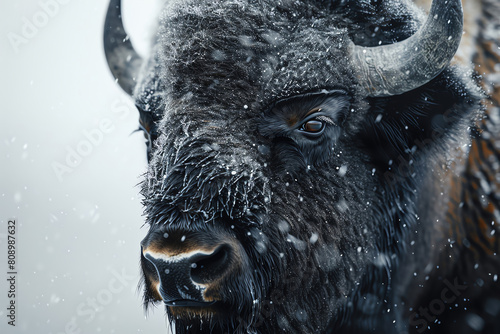 A buffalo with snow on its face and horns photo