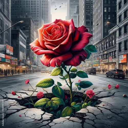 The image captures a massive red rose emerging through a crack in the asphalt at the center of a bustling urban street. Several smaller roses and verdant leaves pepper the periphery of this anoma... photo