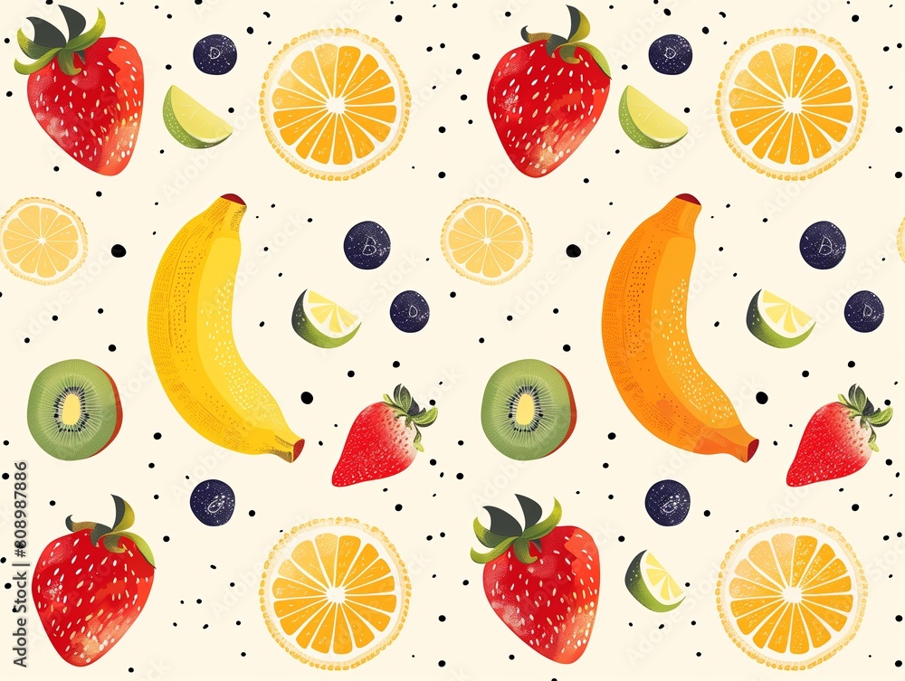 Colorful assortment of illustrated fruits on a speckled background