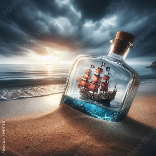 This is an image showcasing the striking confluence of surrealism and nature. At its heart, it reveals a vibrant display of a ship in a glass bottle, resting amidst the sandy terrain of a beach. ...