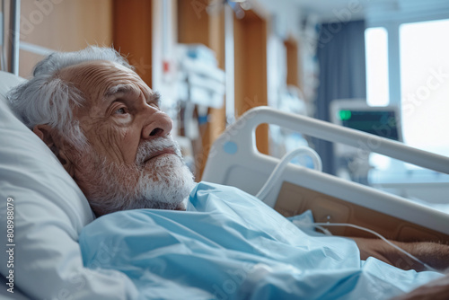 Senior man lying in hospital with copy space for text