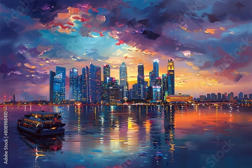 Oil painting on canvas, Singapore cityscape at dusk. Landscape of Singapore business building around Marina bay. Modern high building in business district area at twilight