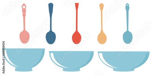 Set of rice bowls and spoons isolated on white background vector.  © Thanawat