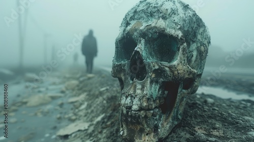 Disfigured Zombie With Decomposing Skin Lurking in an Urban Wasteland at Dusk photo