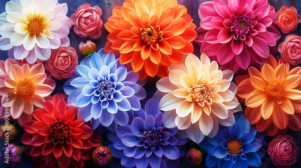Fototapeta premium watercolor painting for Dahlia, water color chrysanthemum, seamless pattern of flowers. 4K Wallpaper and Background for desktop, laptop, Computer, Tablet, Mobile Cell Phone, Smartphone, Cellphone