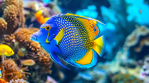 A blue and yellow polka-dot angelfish swimming gracefully in the vibrant coral reef. Generative AI