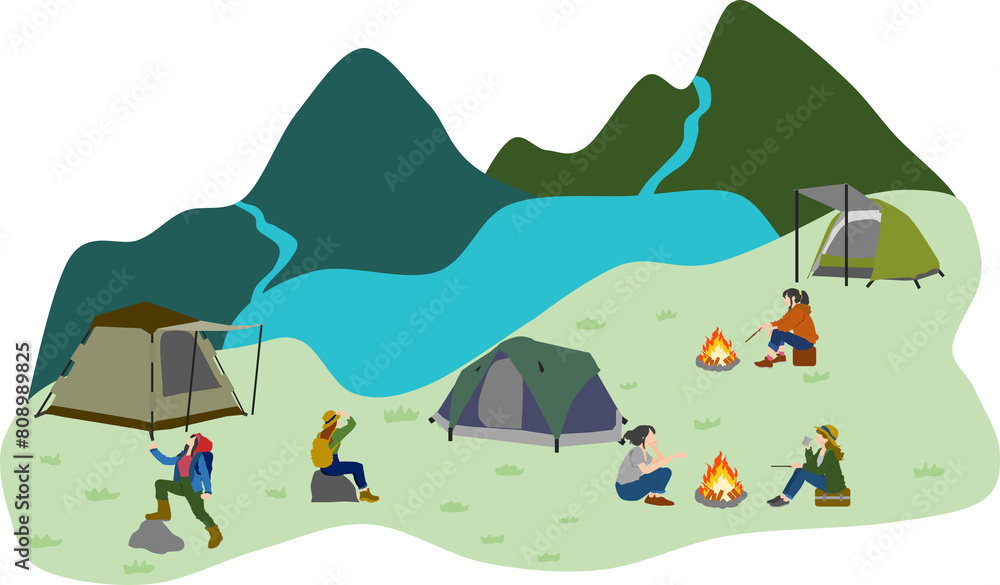 夏のキャンプ場でキャンプを楽しむイラスト