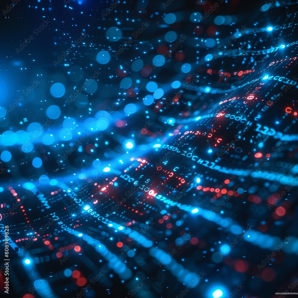 A computer screen with a blue background and red and blue lines. The lines are made up of numbers and letters A computer screen with a blue background and red and blue lines. The lines are made up of numbers and letters
