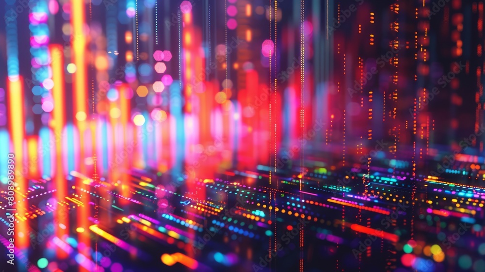 An intricate and colorful background illustration depicting the vibrancy and motion of stock market data visualization with a focus on depth and light interplay