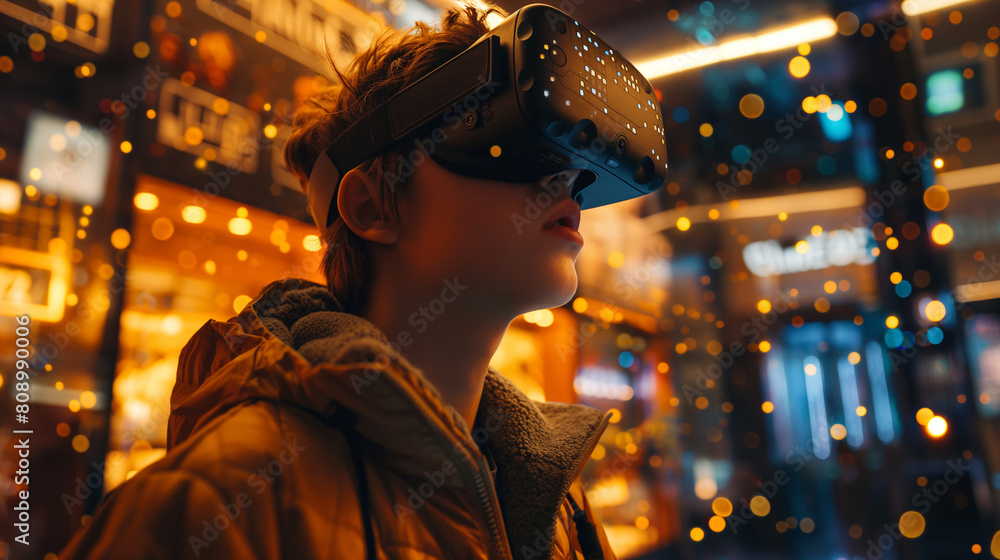 A boy wearing a VR headset is looking at a display of video games A boy wearing a VR headset is looking at a display of video games