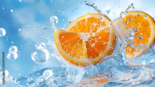 The Zesty Burst of a Juicy Orange Amid a Splash of Refreshing Water in a Vibrant 3D-Rendered Poster
