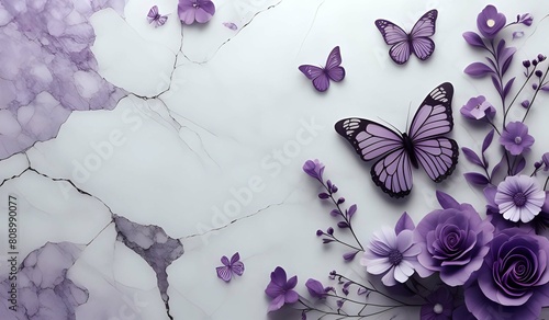 marble background with flower designs and butterfly silhouette, wall decoration in purple tones © Jason Yoder