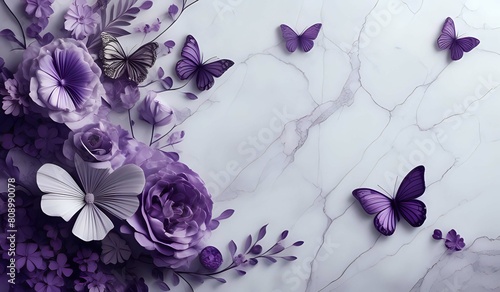 marble background with flower designs and butterfly silhouette, wall decoration in purple tones © Jason Yoder