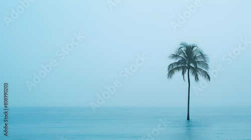 Tranquil Tropical Beach with Solitary Palm Tree in Soft Blue Tones