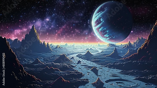 Space landscape. 8bit pixel game