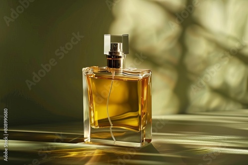 stylish presentation of luxury perfume bottle in golden sunlight on olive green background
