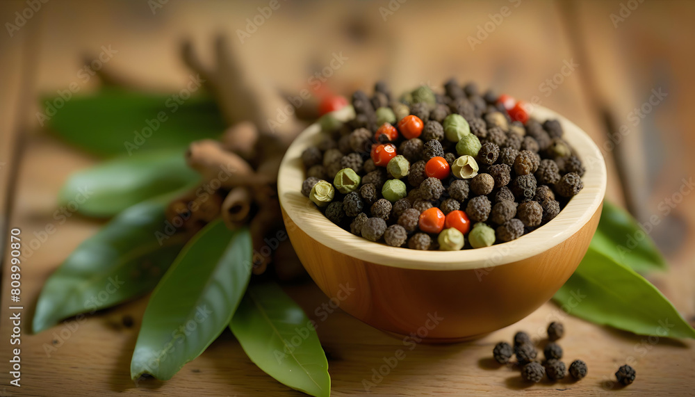 A bowl filled with black peppercorns and a sprig of bay leaves on a wooden surface A bowl filled with black peppercorns and a sprig of bay leaves on a wooden surface