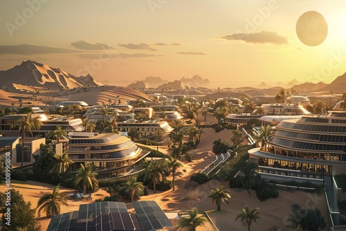 sustainable futuristic city in saudi arabian desert with renewable energy 3d rendering photo
