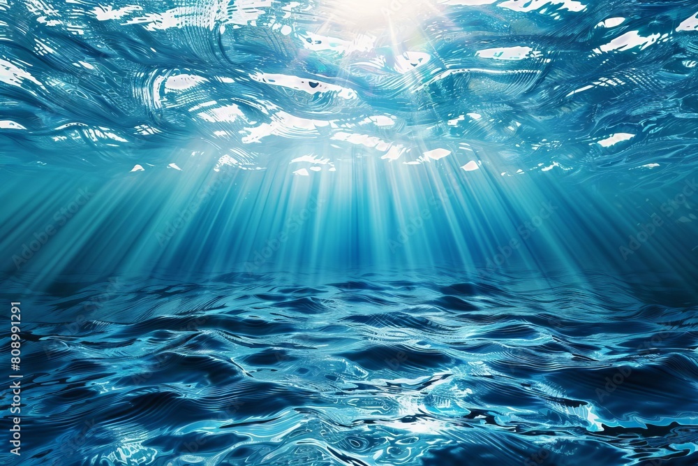 underwater scene with light rays and rippling water surface blue sky above realistic 3d illustration