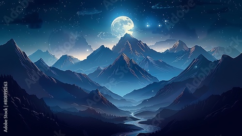 2d mountain night landscape background  blue sky