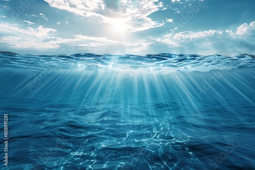 underwater scene with light rays and rippling water surface blue sky above realistic 3d illustration