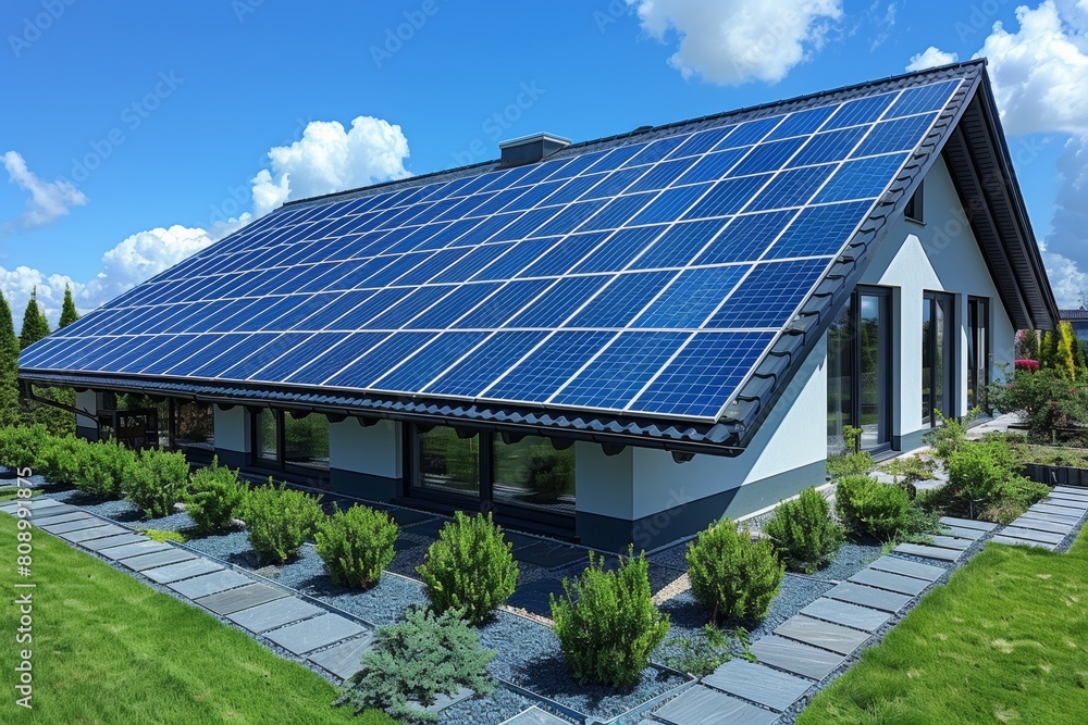 Off-grid energy independence: Solar panels on a rural house roof