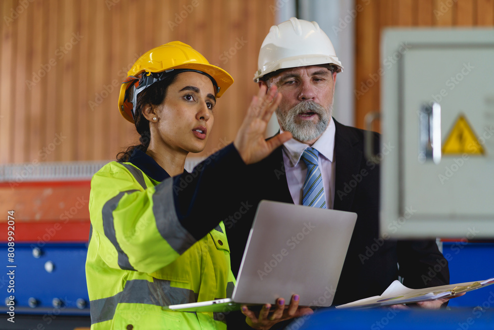 Two people are looking at a laptop, one of them is wearing a yellow jacket. Scene is serious and focused to machine controller board in factory. Two people are looking at a laptop, one of them is wearing a yellow jacket. Scene is serious and focused to machine controller board in factory.