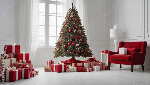  Christmas tree and gifts box red decorations on white background with copy space.