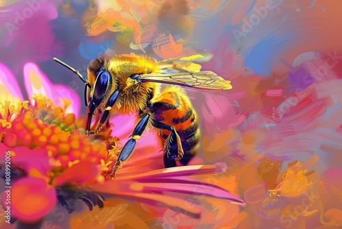 vibrant macro closeup of a bee pollinating a colorful flower digital painting © Lucija