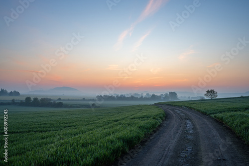 Thuerer meadows close to Mendig during sunrise, Eifel, Rhineland-Palatinate, Germany photo