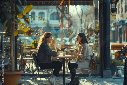 joyful image of a two business woman talking at the restaurant of the coffee shop  drinking  tea  dynamic angle 