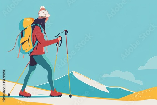 woman hiker with backpack and walking sticks outdoor adventure travel concept flat vector illustration