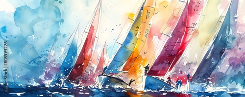A watercolor painting of sailboats racing in a rough sea. The sails are brightly colored and the water is a deep blue. The boats are all in a hurry to reach their destination.