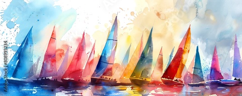Colorful watercolor painting of sailboats racing on the open sea. The boats are in various colors and the water is a deep blue. The sky is light blue and there are white clouds.