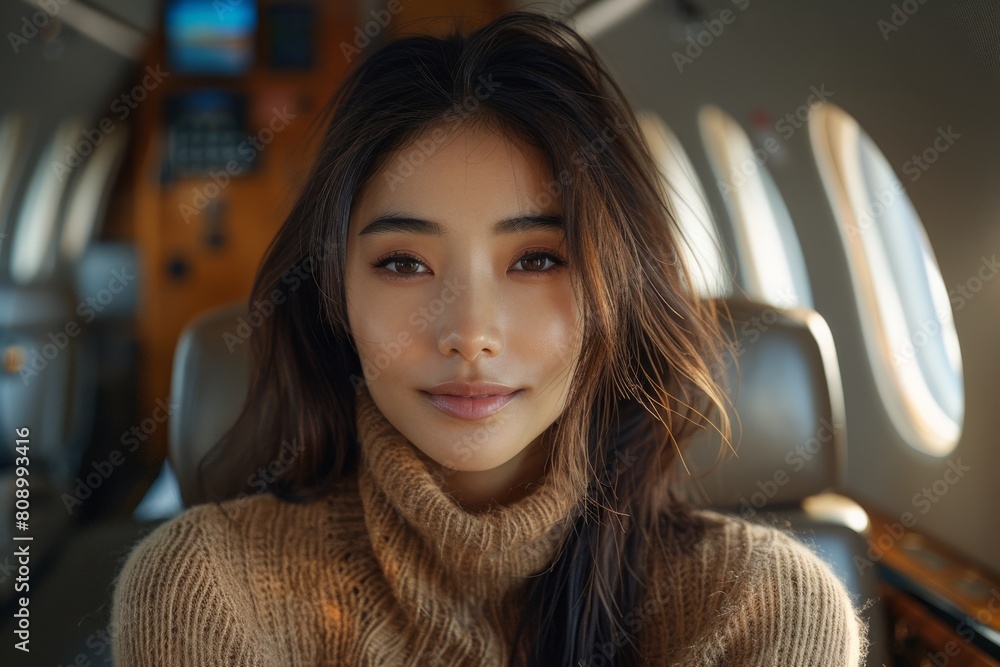 A cheerful Asian woman enjoys her flight in luxury as she relaxes on the airplane sofa, engrossed in a book amidst the serene ambiance. A cheerful Asian woman enjoys her flight in luxury as she relaxes on the airplane sofa, engrossed in a book amidst the serene ambiance.