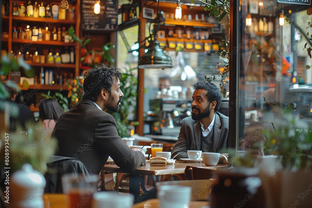joyful image of a two businessman talking at the terrace of the coffee shop, drinking, tea, dynamic angle