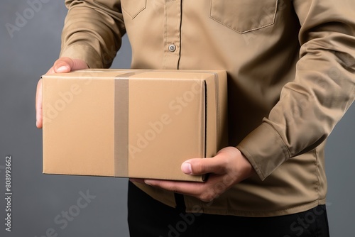 Delivery of goods by mail from door to door. A man holds a parcel in his hands. Close-up male hands with a box.