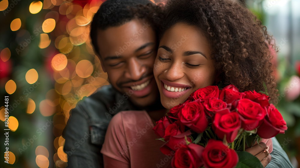 Black romantic couple, husband surprising his wife with bouquet of red roses. Black romantic couple, husband surprising his wife with bouquet of red roses.