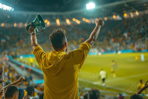 Fußballfan von hinten im Stadion mit Megafon in der Hand am Abend. Lichter.  photo