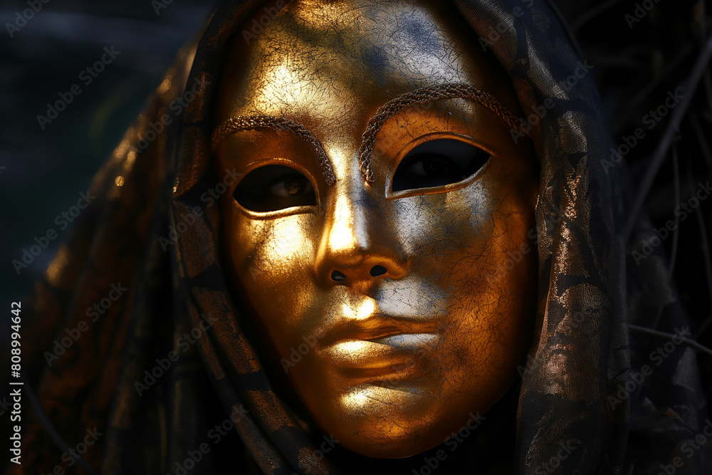 golden face, Surrounding the mask, a backdrop of darkness adds to the atmosphere of mystery and drama 