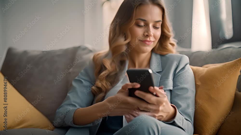 Woman Sitting on Couch Looking at Cell Phone Generative AI Woman Sitting on Couch Looking at Cell Phone Generative AI